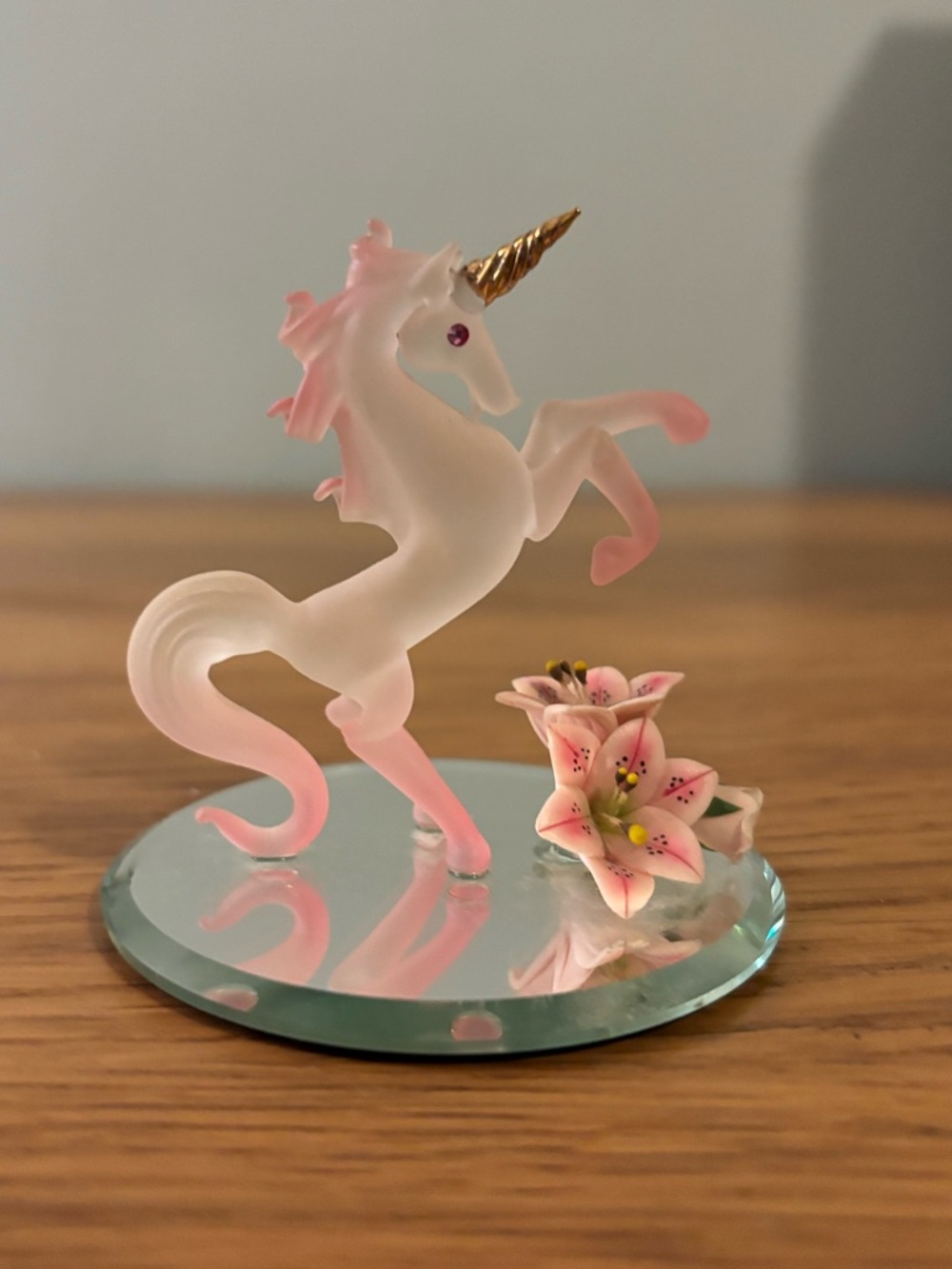 Glass Baron Frosted Unicorn 22k gold horn and handmade flower round mirror base